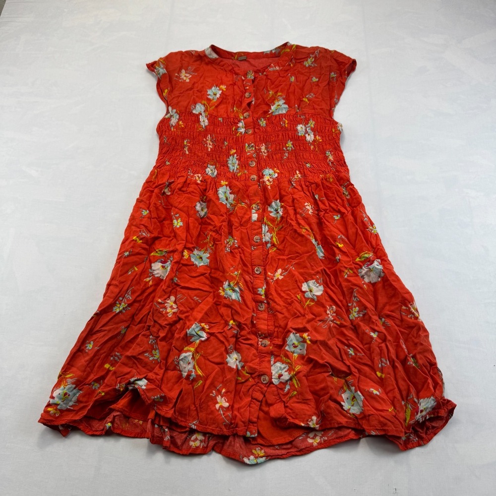 Free People Sundress Womens XS Red Floral Smocked Waist Sleeveless Button Front